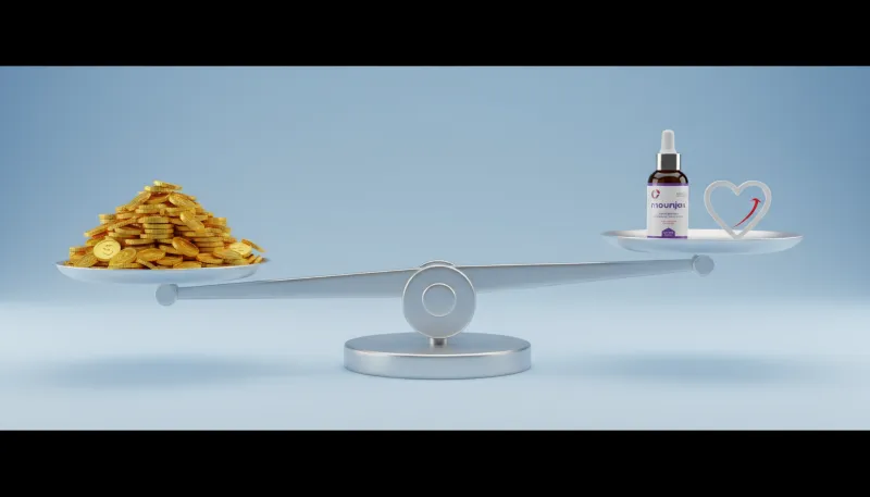 Balança comparando custo benefício entre medicamentos caros e suplemento natural.