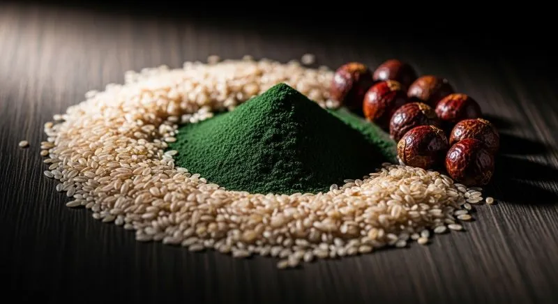 Ingredientes naturais como spirulina, psyllium e guaraná.