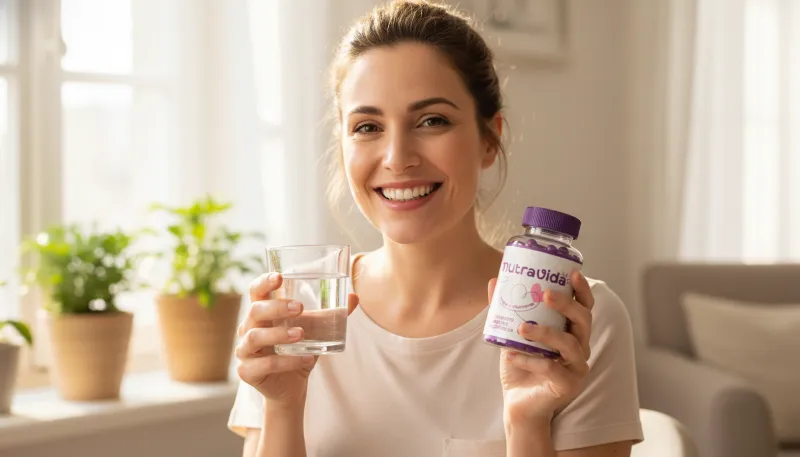 Mulher sorridente segurando copo de água e suplemento Nutra Vida.